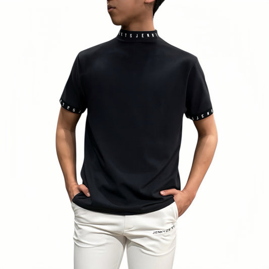 Men's Grosgrain Mock Neck Golf Apparel for Summer. Short Sleeve Mock Neck. Grosgrain Stretch Fabric. Smooth to the Touch, Quick-Drying, UV Protection, and Opaque. Simple, Stylish, High-Quality, and High-Performance. Recommended as a Gift. Made in Japan.